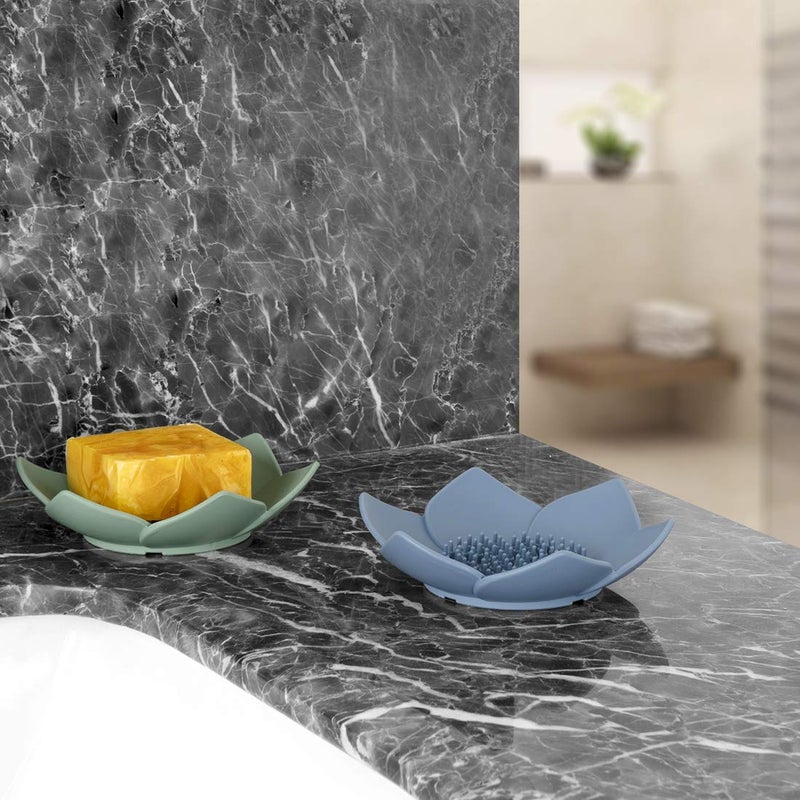 HR H&R 3 Pack Silicone Soap Holder, Bathroom Soap Tray with Drain, Lotus Shaped - Blue, Green, Grey - Image 3